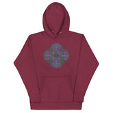 A maroon Xigfireon graphic hoodie featuring the Living Colour Flat iteration of the Reach Of The Spirit Celtic knot design. The Reach Of The Spirit Celtic knot represents the Earth.