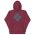 A maroon Xigfireon graphic hoodie featuring the Living Colour Flat iteration of the Reach Of The Spirit Celtic knot design. The Reach Of The Spirit Celtic knot represents the Earth.