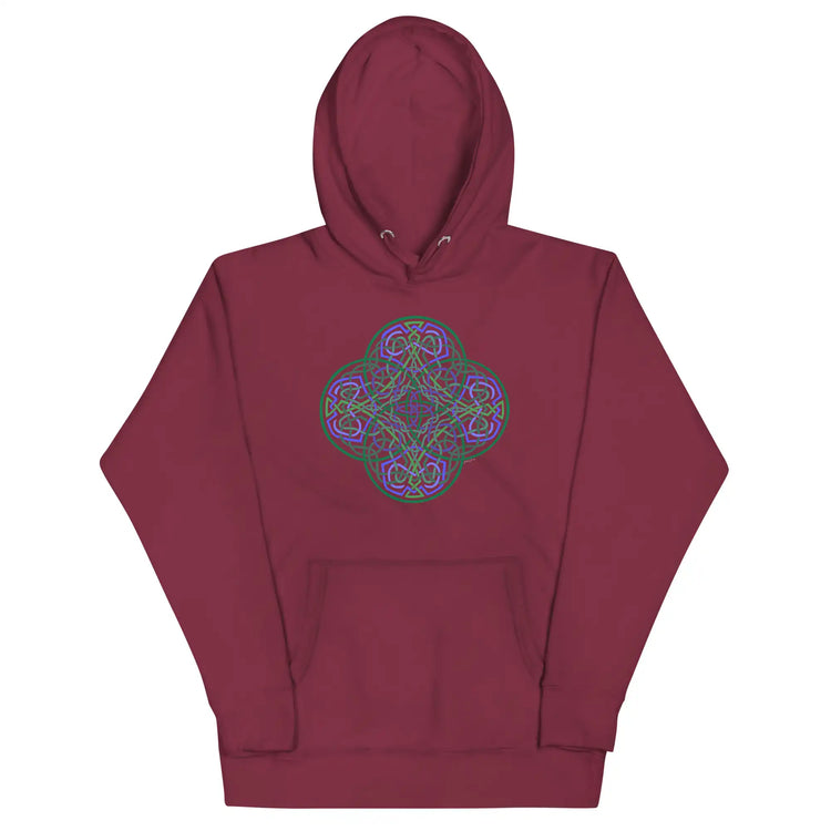 A maroon Xigfireon graphic hoodie featuring the Living Colour Flat iteration of the Reach Of The Spirit Celtic knot design. The Reach Of The Spirit Celtic knot represents the Earth.