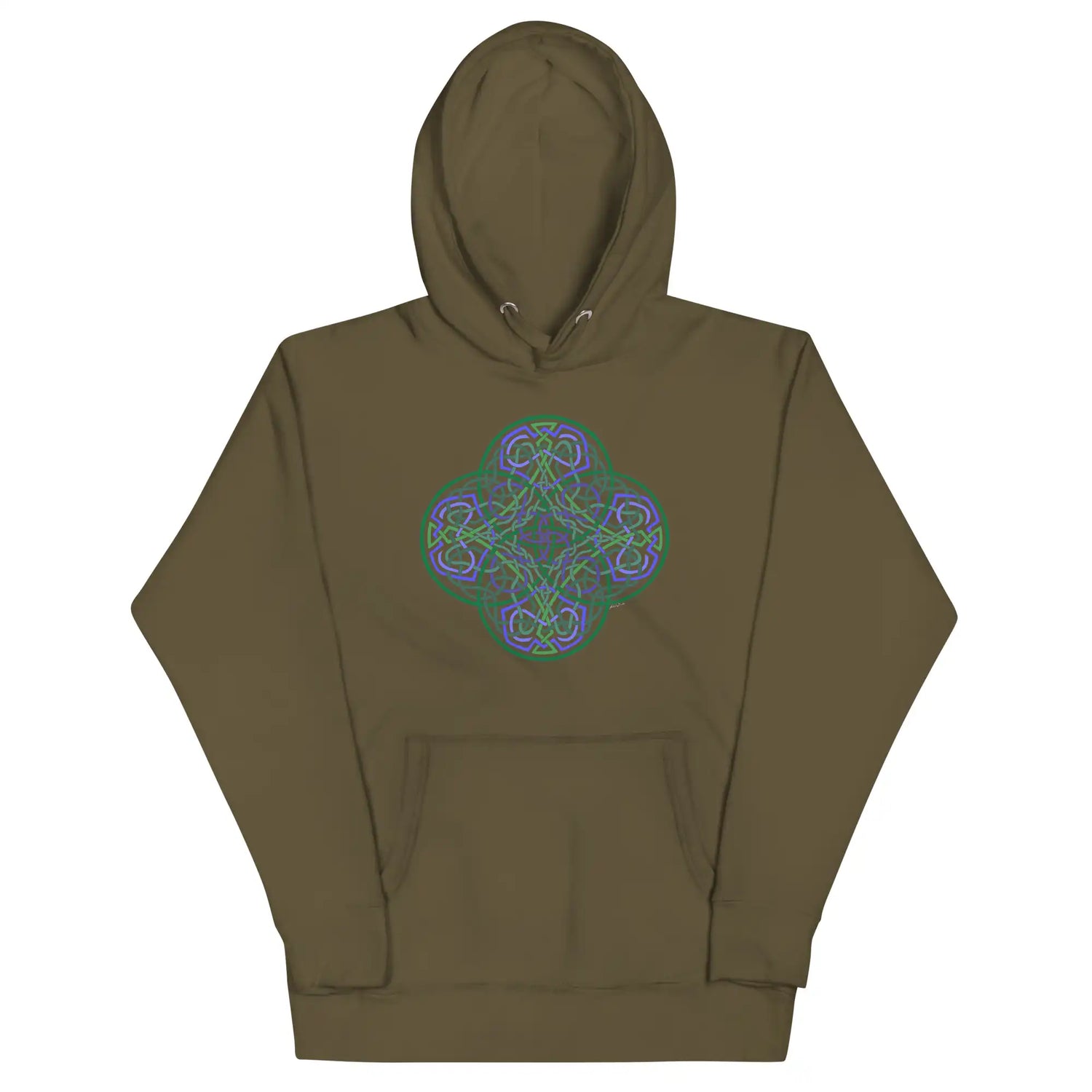 A military green Xigfireon graphic hoodie featuring the Living Colour Flat iteration of the Reach Of The Spirit Celtic knot design. The Reach Of The Spirit Celtic knot represents the Earth.