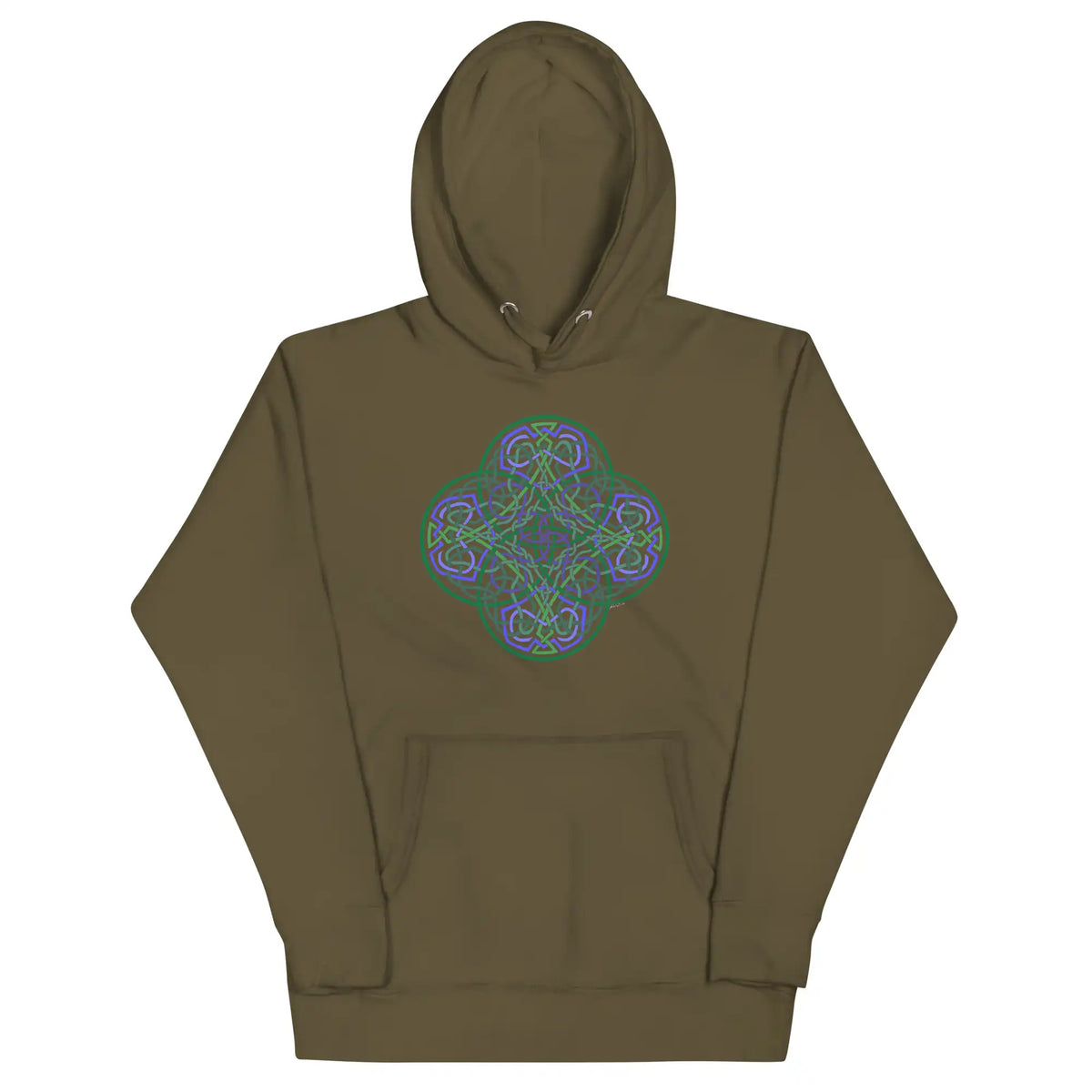 A military green Xigfireon graphic hoodie featuring the Living Colour Flat iteration of the Reach Of The Spirit Celtic knot design. The Reach Of The Spirit Celtic knot represents the Earth.