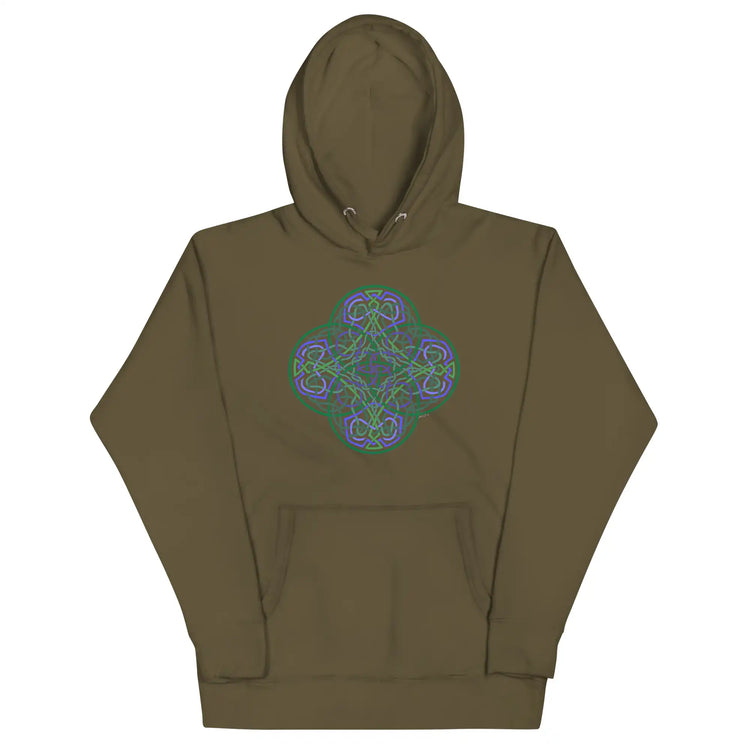 A military green Xigfireon graphic hoodie featuring the Living Colour Flat iteration of the Reach Of The Spirit Celtic knot design. The Reach Of The Spirit Celtic knot represents the Earth.