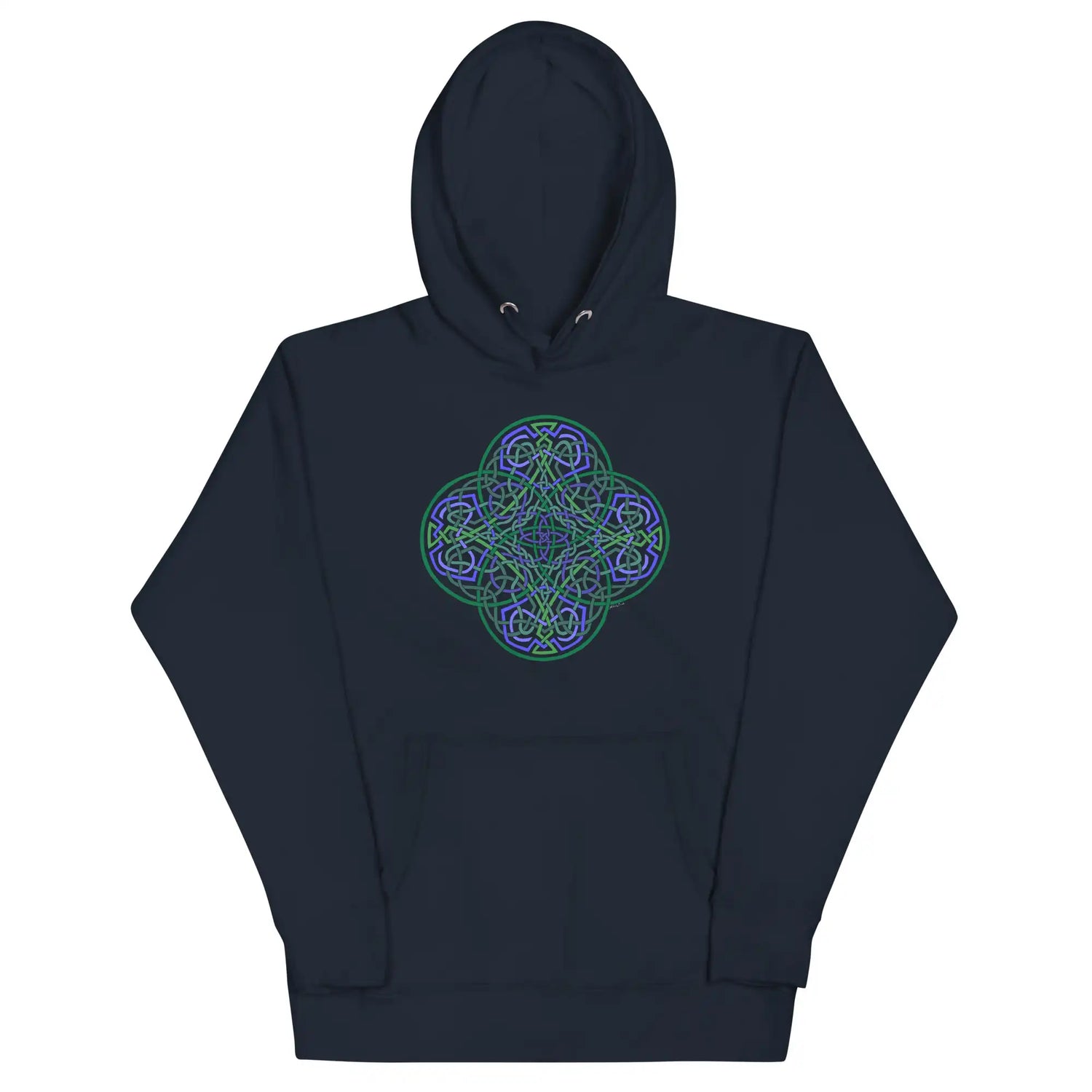 A navy blazer blue Xigfireon graphic hoodie featuring the Living Colour Flat iteration of the Reach Of The Spirit Celtic knot design. The Reach Of The Spirit Celtic knot represents the Earth.