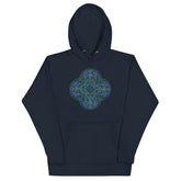 A navy blazer blue Xigfireon graphic hoodie featuring the Living Colour Flat iteration of the Reach Of The Spirit Celtic knot design. The Reach Of The Spirit Celtic knot represents the Earth.