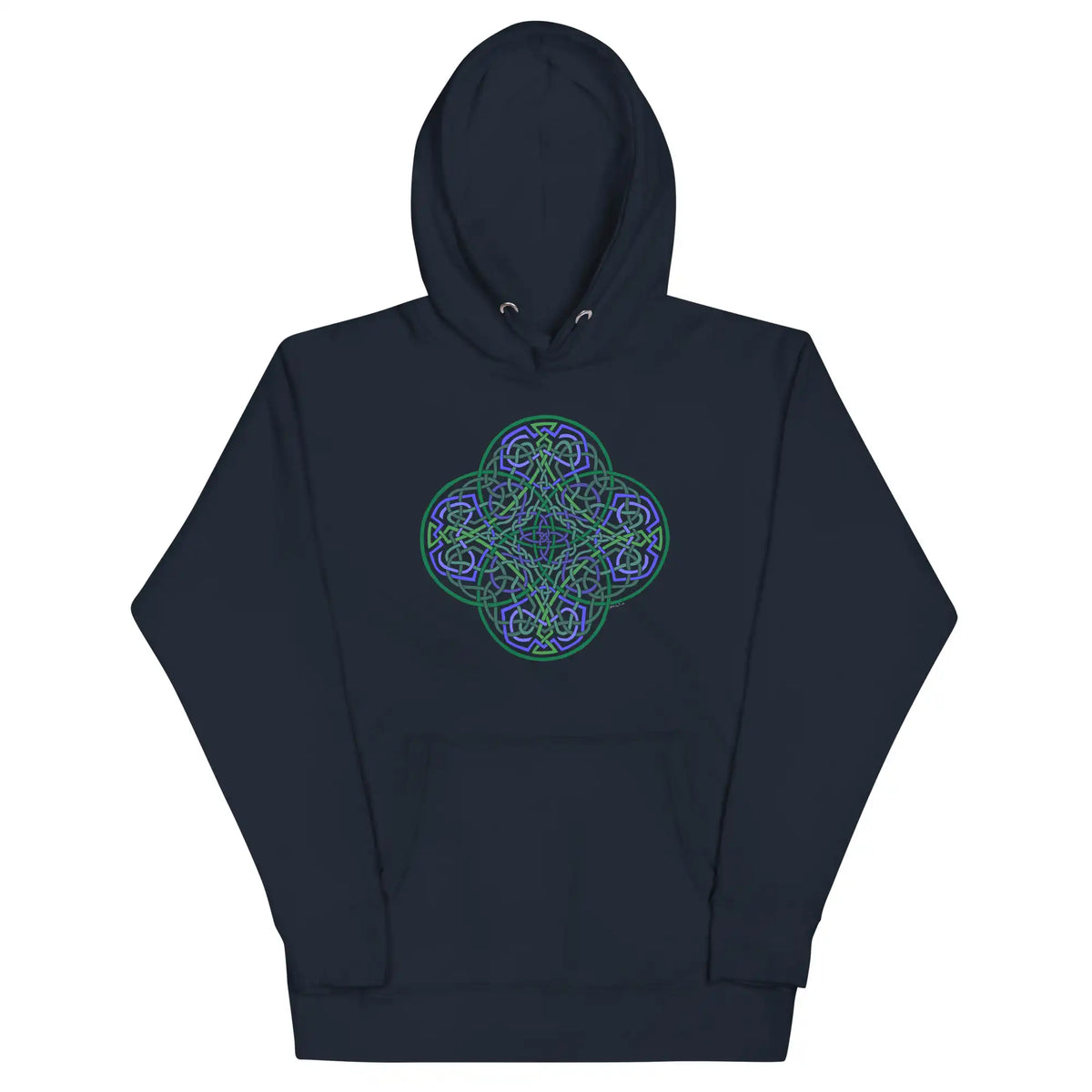 A navy blazer blue Xigfireon graphic hoodie featuring the Living Colour Flat iteration of the Reach Of The Spirit Celtic knot design. The Reach Of The Spirit Celtic knot represents the Earth.