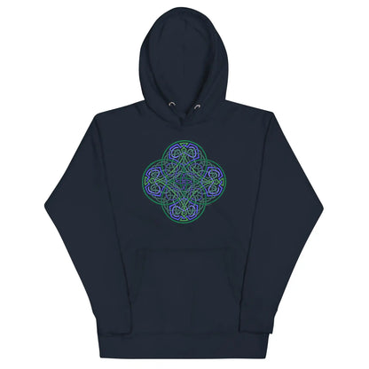 A navy blazer blue Xigfireon graphic hoodie featuring the Living Colour Flat iteration of the Reach Of The Spirit Celtic knot design. The Reach Of The Spirit Celtic knot represents the Earth.