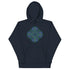 A navy blazer blue Xigfireon graphic hoodie featuring the Living Colour Flat iteration of the Reach Of The Spirit Celtic knot design. The Reach Of The Spirit Celtic knot represents the Earth.