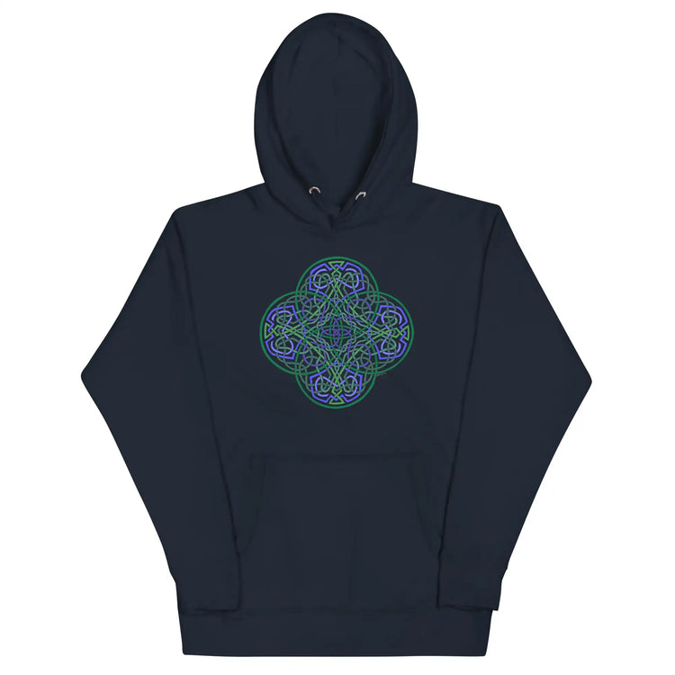 A navy blazer blue Xigfireon graphic hoodie featuring the Living Colour Flat iteration of the Reach Of The Spirit Celtic knot design. The Reach Of The Spirit Celtic knot represents the Earth.