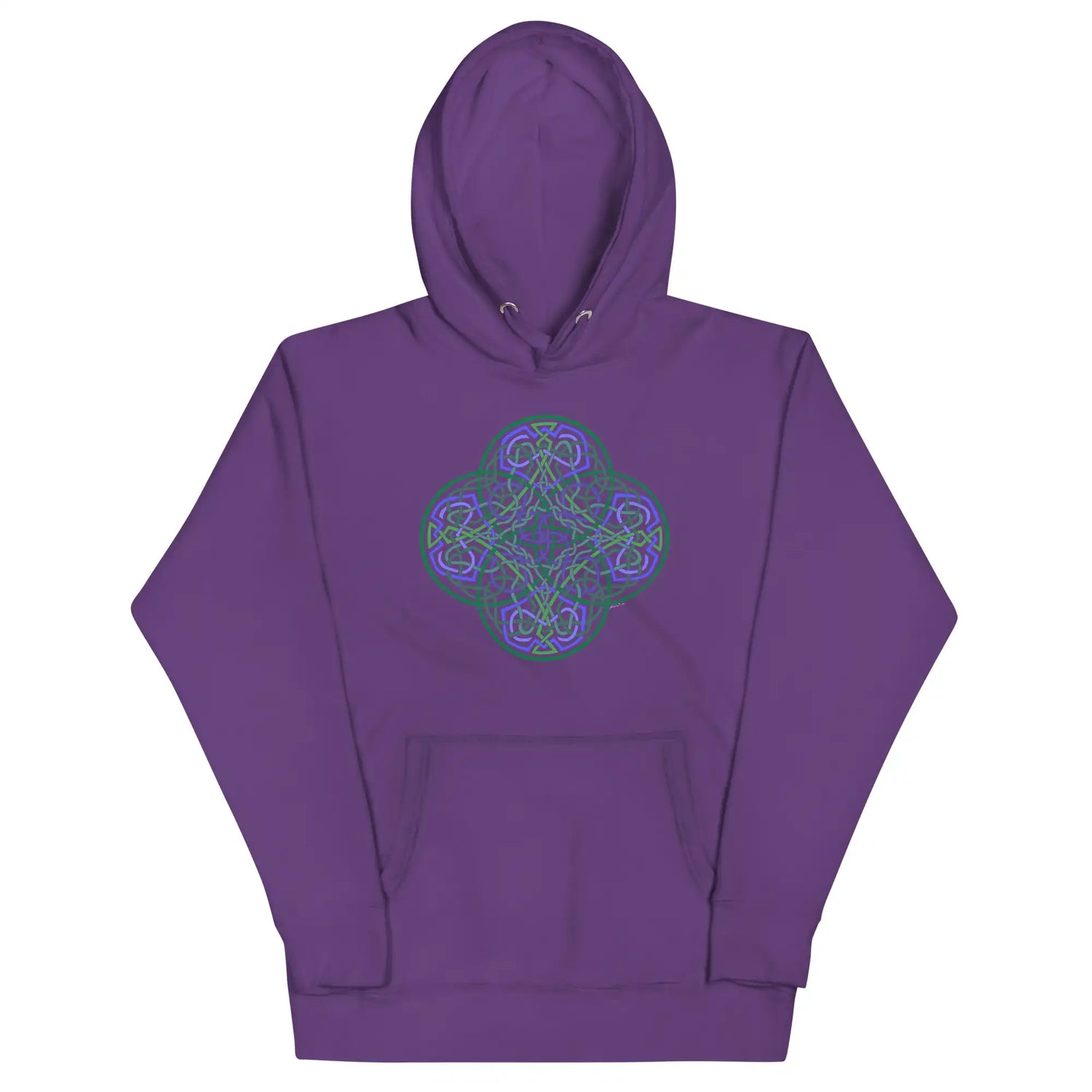 A purple Xigfireon graphic hoodie featuring the Living Colour Flat iteration of the Reach Of The Spirit Celtic knot design. The Reach Of The Spirit Celtic knot represents the Earth.