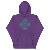 A purple Xigfireon graphic hoodie featuring the Living Colour Flat iteration of the Reach Of The Spirit Celtic knot design. The Reach Of The Spirit Celtic knot represents the Earth.