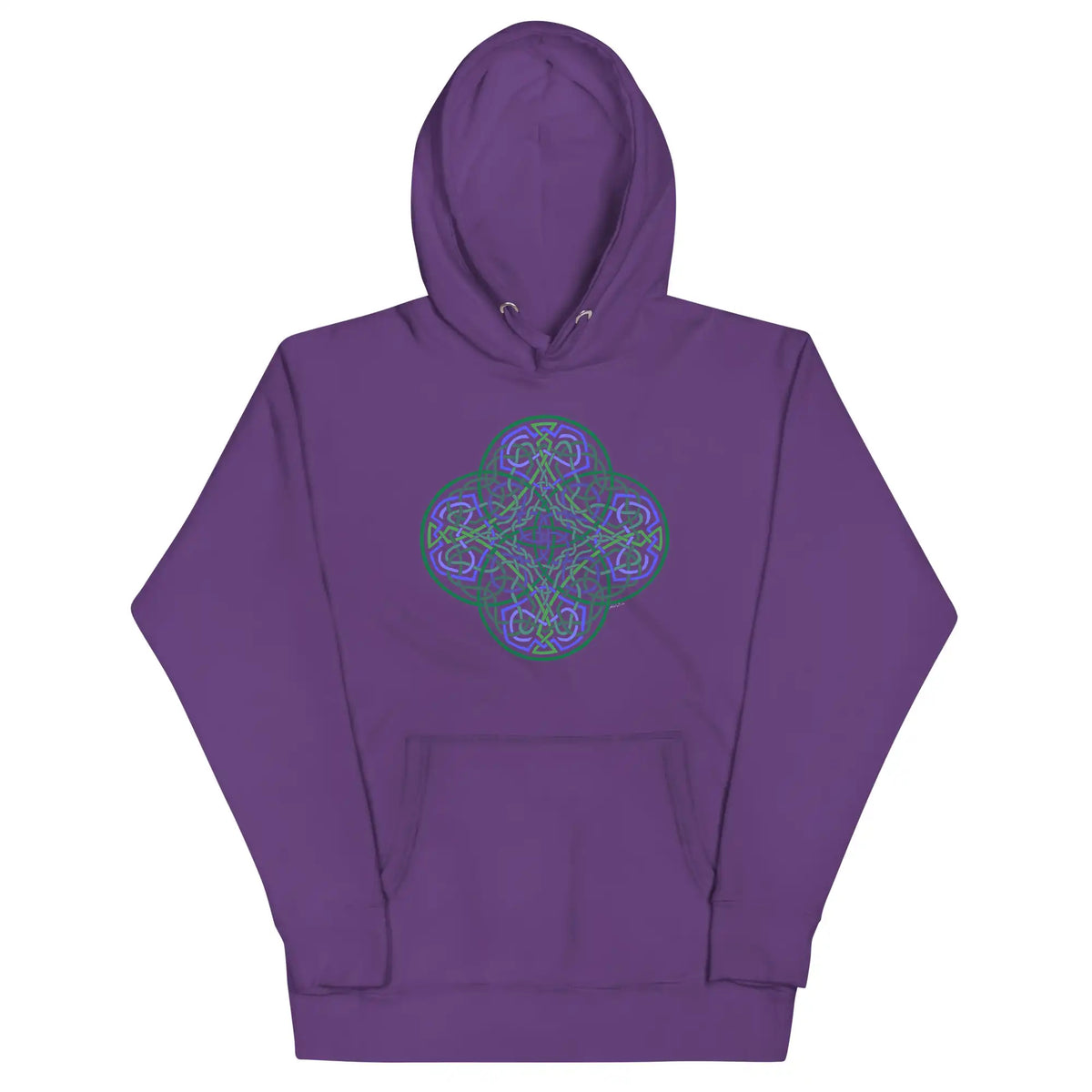 A purple Xigfireon graphic hoodie featuring the Living Colour Flat iteration of the Reach Of The Spirit Celtic knot design. The Reach Of The Spirit Celtic knot represents the Earth.