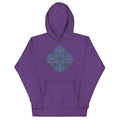 A purple Xigfireon graphic hoodie featuring the Living Colour Flat iteration of the Reach Of The Spirit Celtic knot design. The Reach Of The Spirit Celtic knot represents the Earth.