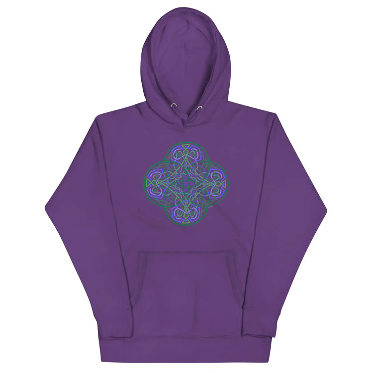 A purple Xigfireon graphic hoodie featuring the Living Colour Flat iteration of the Reach Of The Spirit Celtic knot design. The Reach Of The Spirit Celtic knot represents the Earth.