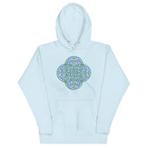 A sky blue Xigfireon graphic hoodie featuring the Living Colour Flat iteration of the Reach Of The Spirit Celtic knot design. The Reach Of The Spirit Celtic knot represents the Earth.