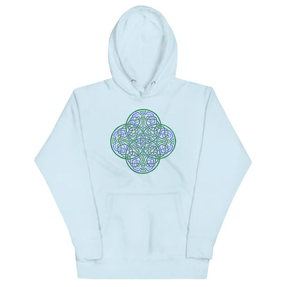 A sky blue Xigfireon graphic hoodie featuring the Living Colour Flat iteration of the Reach Of The Spirit Celtic knot design. The Reach Of The Spirit Celtic knot represents the Earth.