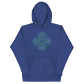 A team royal blue Xigfireon graphic hoodie featuring the Living Colour Flat iteration of the Reach Of The Spirit Celtic knot design. The Reach Of The Spirit Celtic knot represents the Earth.