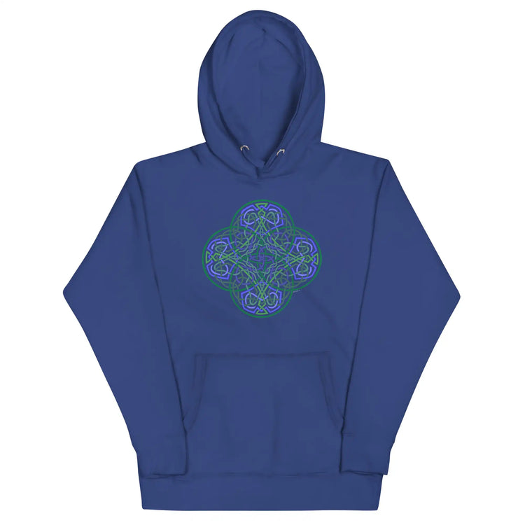 A team royal blue Xigfireon graphic hoodie featuring the Living Colour Flat iteration of the Reach Of The Spirit Celtic knot design. The Reach Of The Spirit Celtic knot represents the Earth.