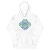 A white Xigfireon graphic hoodie featuring the Living Colour Flat iteration of the Reach Of The Spirit Celtic knot design. The Reach Of The Spirit Celtic knot represents the Earth.