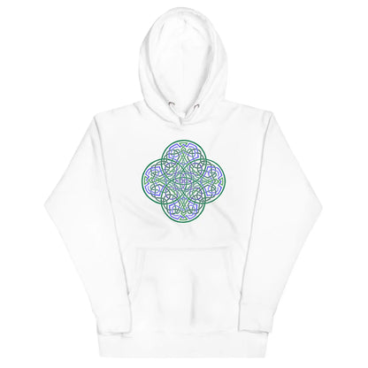 A white Xigfireon graphic hoodie featuring the Living Colour Flat iteration of the Reach Of The Spirit Celtic knot design. The Reach Of The Spirit Celtic knot represents the Earth.