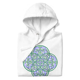 A folded white Xigfireon graphic hoodie featuring the Living Colour Flat iteration of the Reach Of The Spirit Celtic knot design. The Reach Of The Spirit Celtic knot symbolizes the Earth.