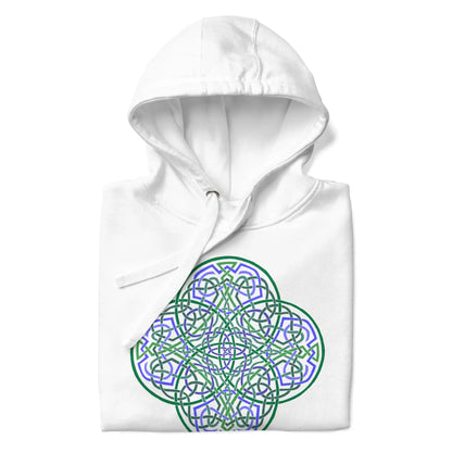 A folded white Xigfireon graphic hoodie featuring the Living Colour Flat iteration of the Reach Of The Spirit Celtic knot design. The Reach Of The Spirit Celtic knot symbolizes the Earth.