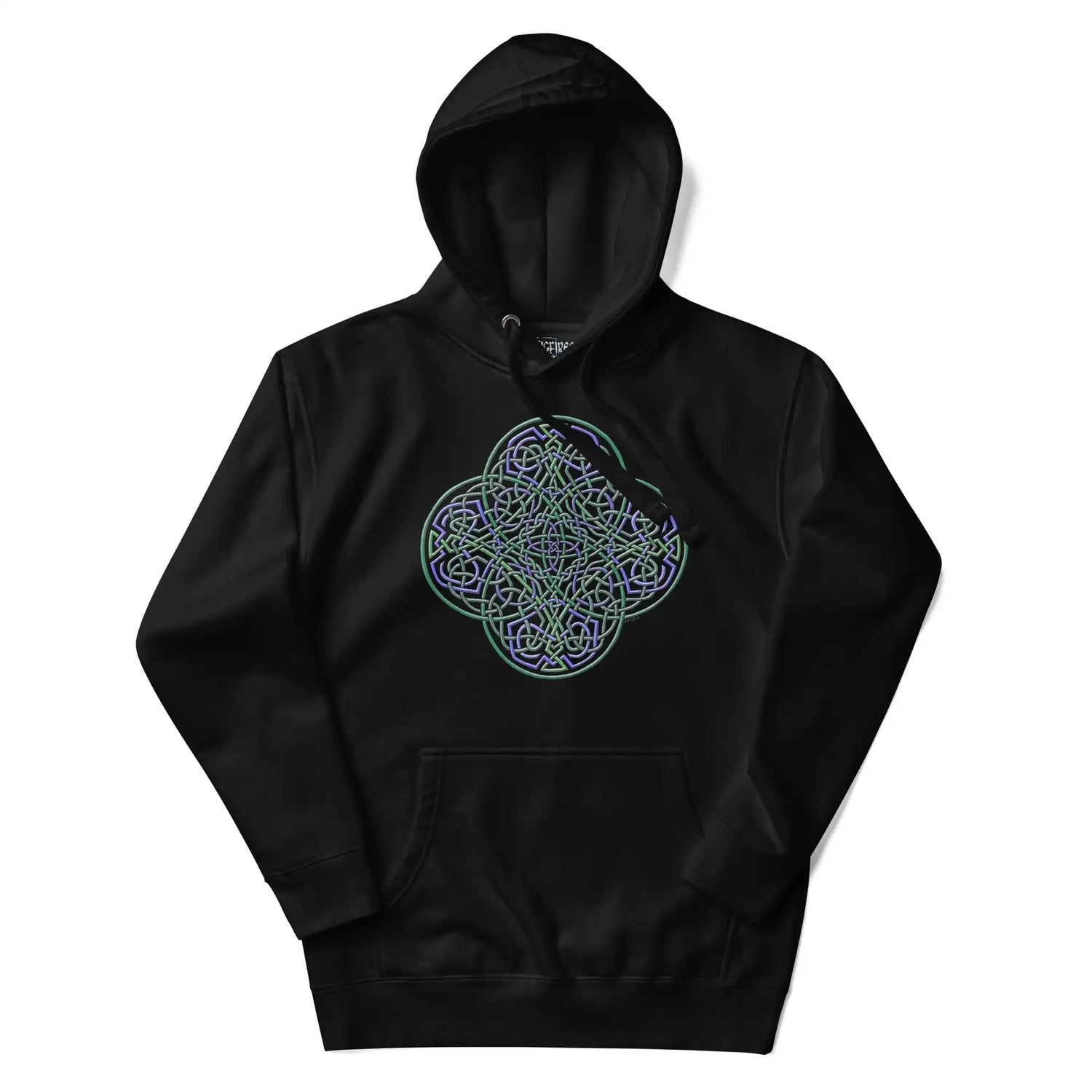 A black Xigfireon graphic hoodie featuring the Living Colour iteration of the Reach Of The Spirit Celtic knot design. The Reach Of The Spirit Celtic knot is an Earth symbol.