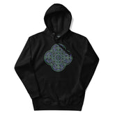 A black Xigfireon graphic hoodie featuring the Living Colour iteration of the Reach Of The Spirit Celtic knot design. The Reach Of The Spirit Celtic knot is an Earth symbol.