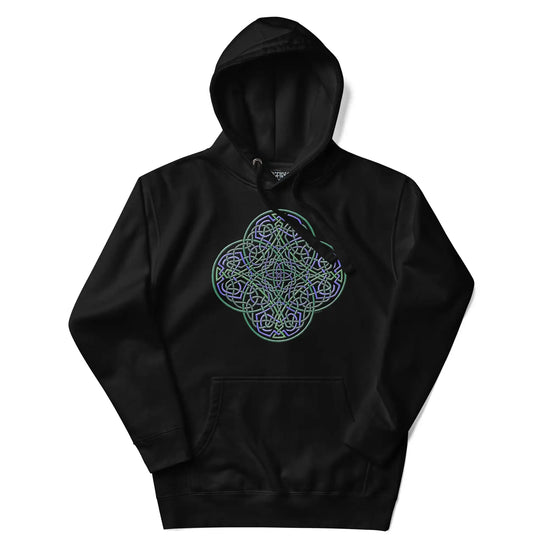 A black Xigfireon graphic hoodie featuring the Living Colour iteration of the Reach Of The Spirit Celtic knot design. The Reach Of The Spirit Celtic knot is an Earth symbol.