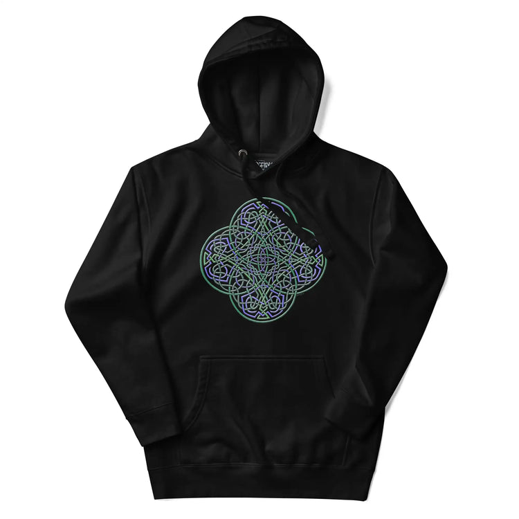 A black Xigfireon graphic hoodie featuring the Living Colour iteration of the Reach Of The Spirit Celtic knot design. The Reach Of The Spirit Celtic knot is an Earth symbol.