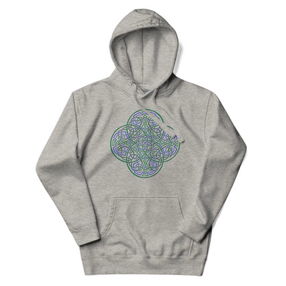 A carbon grey Xigfireon graphic hoodie featuring the Living Colour iteration of the Reach Of The Spirit Celtic knot design. The Reach Of The Spirit Celtic knot is an Earth symbol.