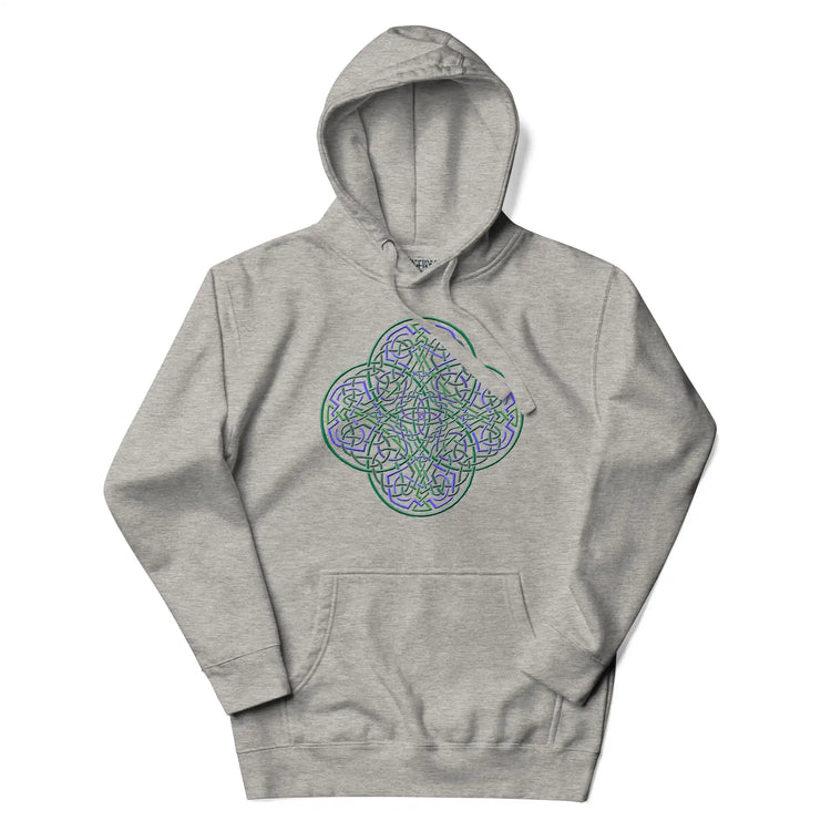 A carbon grey Xigfireon graphic hoodie featuring the Living Colour iteration of the Reach Of The Spirit Celtic knot design. The Reach Of The Spirit Celtic knot is an Earth symbol.