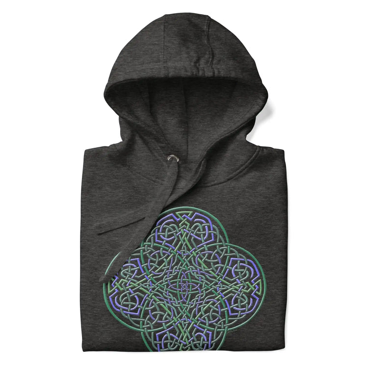 A folded charcoal heather Xigfireon graphic hoodie featuring the Living Colour iteration of the Reach Of The Spirit Celtic knot design. The Reach Of The Spirit Celtic knot is an Earth symbol.