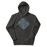A charcoal heather Xigfireon graphic hoodie featuring the Living Colour iteration of the Reach Of The Spirit Celtic knot design. The Reach Of The Spirit Celtic knot is an Earth symbol.