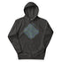 A charcoal heather Xigfireon graphic hoodie featuring the Living Colour iteration of the Reach Of The Spirit Celtic knot design. The Reach Of The Spirit Celtic knot is an Earth symbol.
