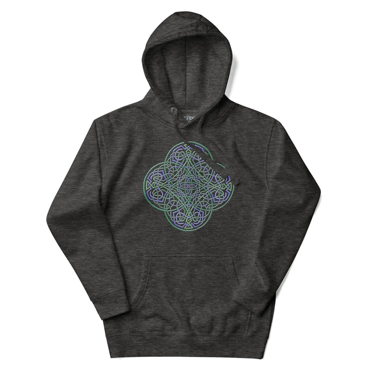 A charcoal heather Xigfireon graphic hoodie featuring the Living Colour iteration of the Reach Of The Spirit Celtic knot design. The Reach Of The Spirit Celtic knot is an Earth symbol.