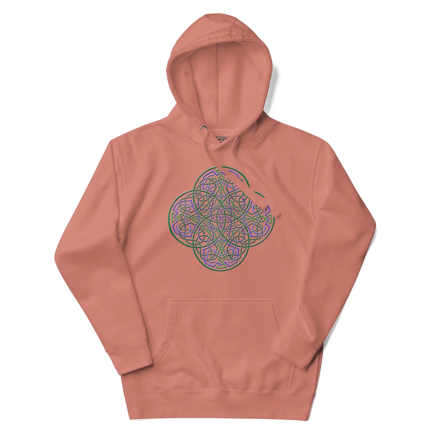 A dusty rose Xigfireon graphic hoodie featuring the Living Colour iteration of the Reach Of The Spirit Celtic knot design. The Reach Of The Spirit Celtic knot is an Earth symbol.