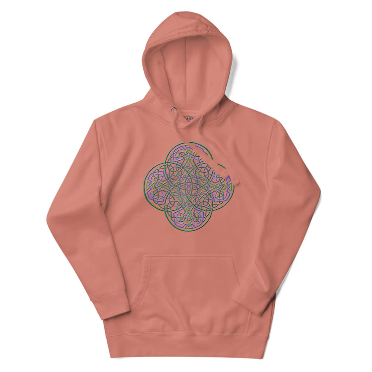 A dusty rose Xigfireon graphic hoodie featuring the Living Colour iteration of the Reach Of The Spirit Celtic knot design. The Reach Of The Spirit Celtic knot is an Earth symbol.