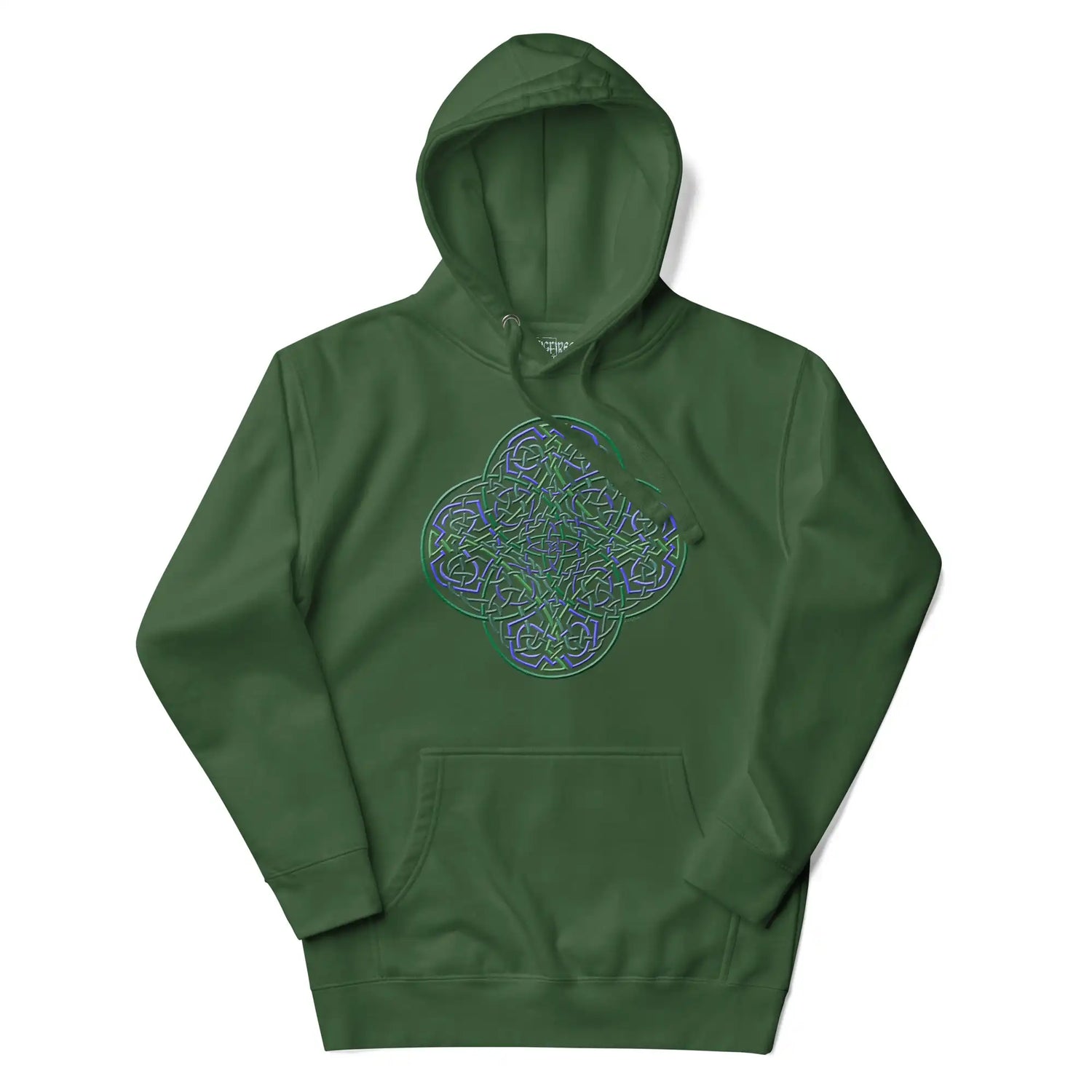 A forest green Xigfireon graphic hoodie featuring the Living Colour iteration of the Reach Of The Spirit Celtic knot design. The Reach Of The Spirit Celtic knot is an Earth symbol.