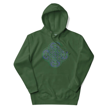 A forest green Xigfireon graphic hoodie featuring the Living Colour iteration of the Reach Of The Spirit Celtic knot design. The Reach Of The Spirit Celtic knot is an Earth symbol.