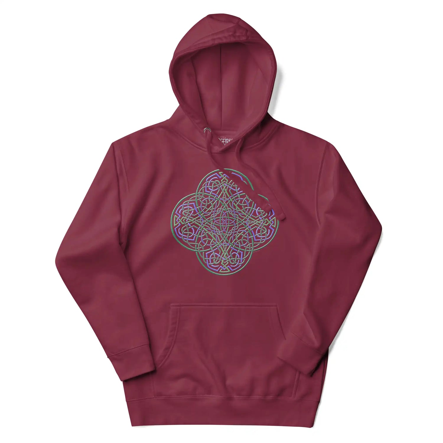 A maroon Xigfireon graphic hoodie featuring the Living Colour iteration of the Reach Of The Spirit Celtic knot design. The Reach Of The Spirit Celtic knot is an Earth symbol.