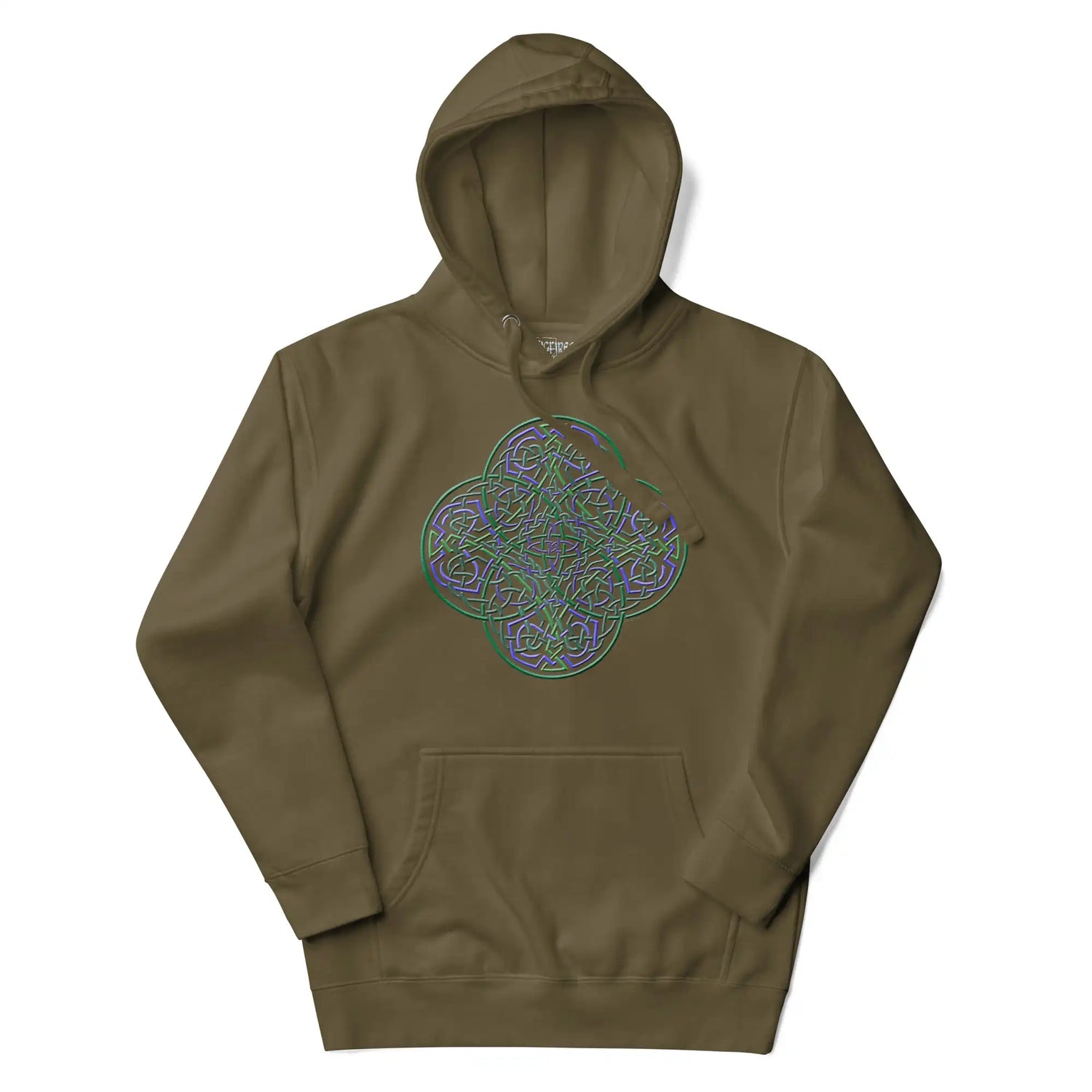 A military green Xigfireon graphic hoodie featuring the Living Colour iteration of the Reach Of The Spirit Celtic knot design. The Reach Of The Spirit Celtic knot is an Earth symbol.