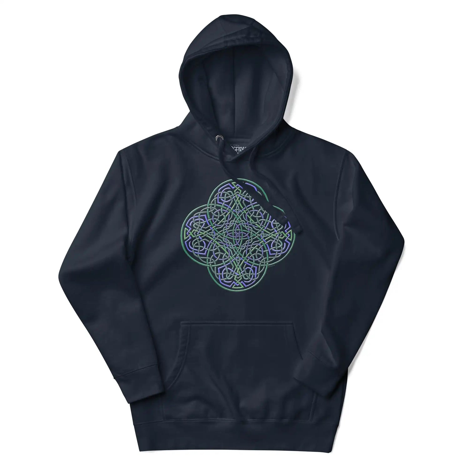 A navy blazer blue Xigfireon graphic hoodie featuring the Living Colour iteration of the Reach Of The Spirit Celtic knot design. The Reach Of The Spirit Celtic knot is an Earth symbol.