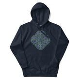 A navy blazer blue Xigfireon graphic hoodie featuring the Living Colour iteration of the Reach Of The Spirit Celtic knot design. The Reach Of The Spirit Celtic knot is an Earth symbol.