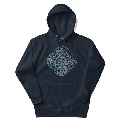 A navy blazer blue Xigfireon graphic hoodie featuring the Living Colour iteration of the Reach Of The Spirit Celtic knot design. The Reach Of The Spirit Celtic knot is an Earth symbol.