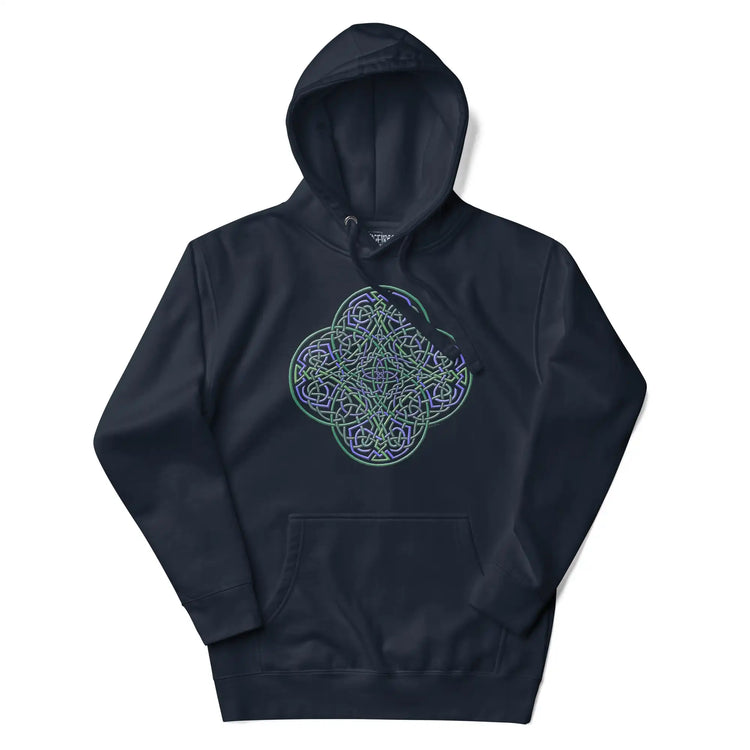 A navy blazer blue Xigfireon graphic hoodie featuring the Living Colour iteration of the Reach Of The Spirit Celtic knot design. The Reach Of The Spirit Celtic knot is an Earth symbol.