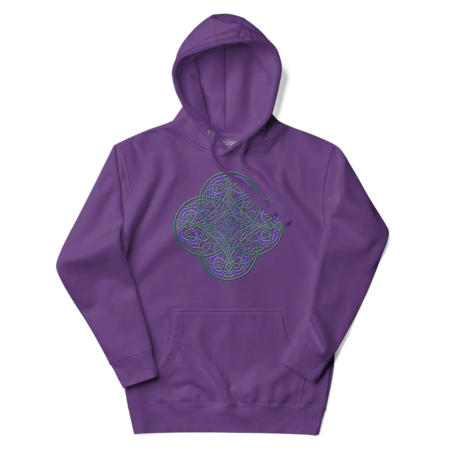 A purple Xigfireon graphic hoodie featuring the Living Colour iteration of the Reach Of The Spirit Celtic knot design. The Reach Of The Spirit Celtic knot is an Earth symbol.