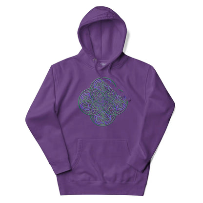 A purple Xigfireon graphic hoodie featuring the Living Colour iteration of the Reach Of The Spirit Celtic knot design. The Reach Of The Spirit Celtic knot is an Earth symbol.