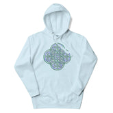 A sky blue Xigfireon graphic hoodie featuring the Living Colour iteration of the Reach Of The Spirit Celtic knot design. The Reach Of The Spirit Celtic knot is an Earth symbol.