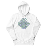 A white Xigfireon graphic hoodie featuring the Living Colour iteration of the Reach Of The Spirit Celtic knot design. The Reach Of The Spirit Celtic knot is an Earth symbol.