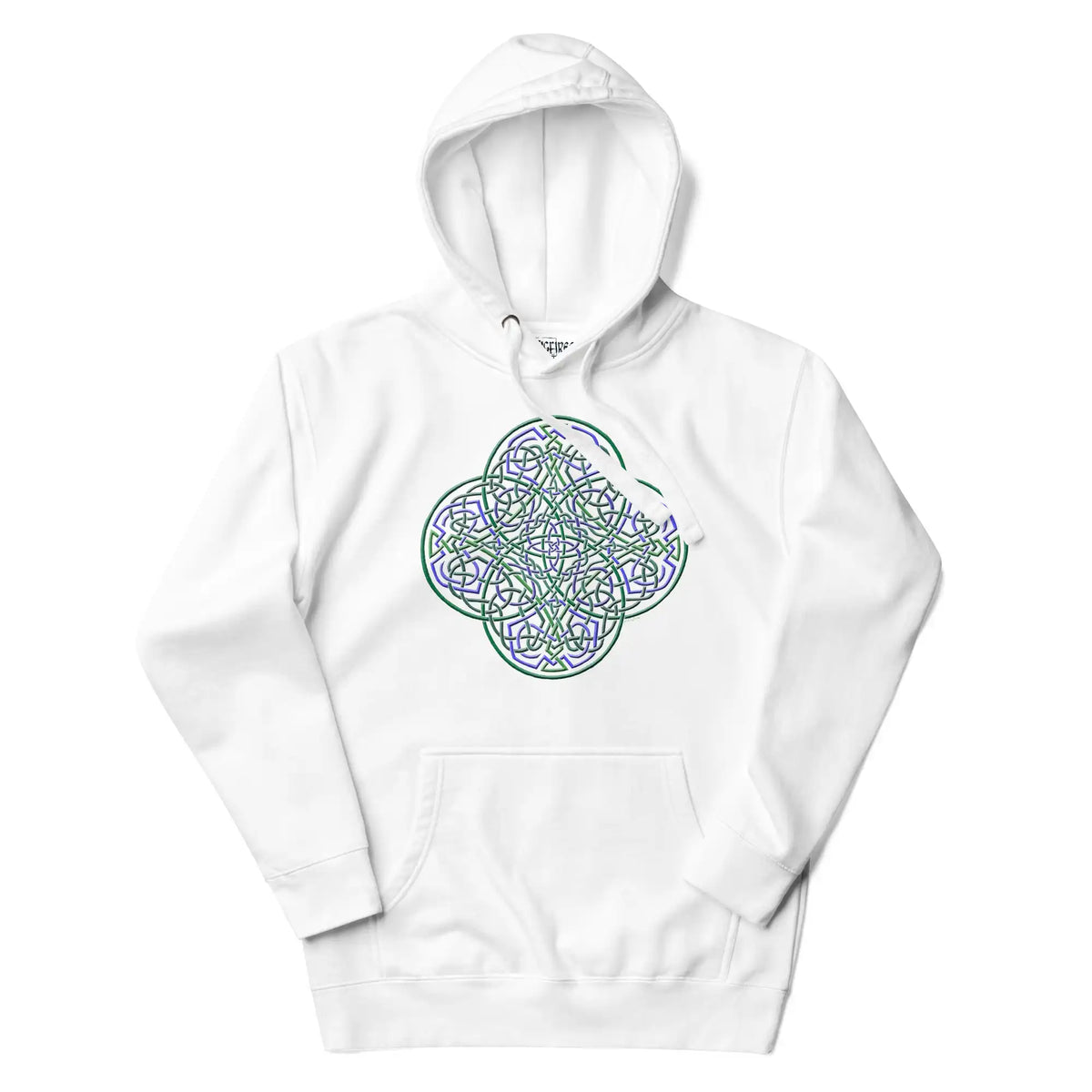 A white Xigfireon graphic hoodie featuring the Living Colour iteration of the Reach Of The Spirit Celtic knot design. The Reach Of The Spirit Celtic knot is an Earth symbol.